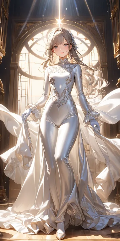  full body photo、 portrait 、god々Shining light、(Masterpiece, top quality,  Ultra High Resolution ), Highly Detailed CG, Japanese woman,(( beautiful face)),(( long sleeve long dress made of shiny white silk satin))、((The dress has a simple design without emb...