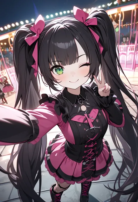  best masterpiece best quality Unity 8k,( twin tails), hair bow,  black hair, very long hair, green eyes,(jiraikei ( Pink Gothic Ta :1.3)),  Lace-up Boots ,((Lighting Front)),( selfie, peace sign、 closed one eye , throw,  close,  looking for viewers ),  PE...