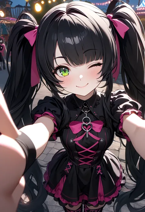  best masterpiece best quality Unity 8k,( twin tails), hair bow,  black hair, very long hair, green eyes,(jiraikei ( Pink Gothic Ta :1.3)),  Lace-up Boots ,((Lighting Front)),( selfie, peace sign、 closed one eye , throw,  close,  looking for viewers ),  PE...