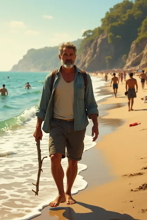 A young man in his 40s walks by the beach alone while holding a wooden twig.and it looks like some people are also on the beach 