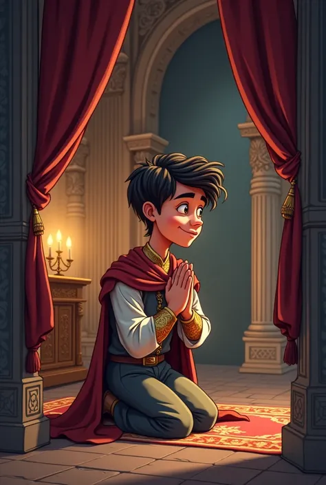 Give me a cartoon of a young Jewish king praying on his knees to God in a corner of his castle