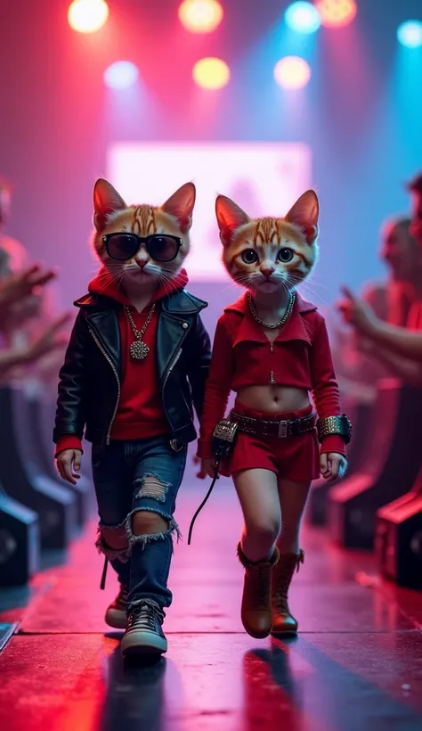 "Rockstar Baby Cats on a Concert-Themed Runway 🎸🐾"
A slim, upright-walking baby cat pair confidently walks forward on a stage-like runway with bright neon lights, speakers, and cheering fans. The male baby cat rocks a black leather jacket, ripped jeans, an...