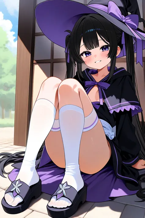  twin tails、 black hair、 Witch Uniform、White high knee socks、Sandals、 small tits、 slippery、naked、Half-naked、 backspace