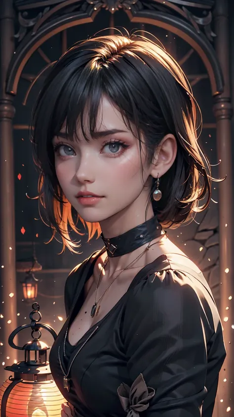  Masterpiece,  top quality,3dレンダリング作品 ,3dMMスタイル,close-up, portrait , 3d, 1 girl, Alone,  multicolor hair,  Lantern,   black hair,  necklace, Freckles,   jewelry,  two-tone hair,  side view,  is present,  upper body,   simple background, bangs,  while insid...