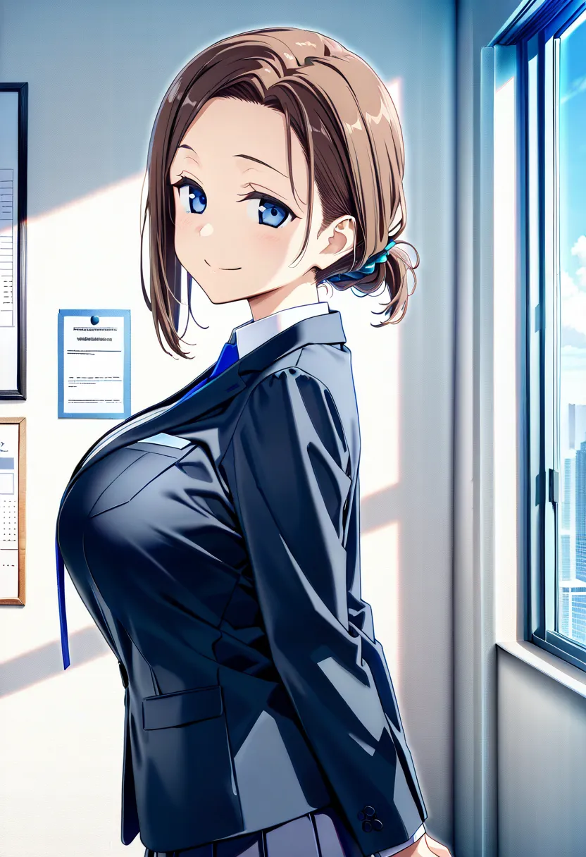 masterpiece,best quality,official art,wall paper,absurdres, beautiful detailed face,detailed texture,detailed skin,full color,anime,((himura kiseki style)),BREAK 1girl,tawawa on monday,source_tawawa on monday,kouhai-chan,browan hair tied,forehead, (((breas...