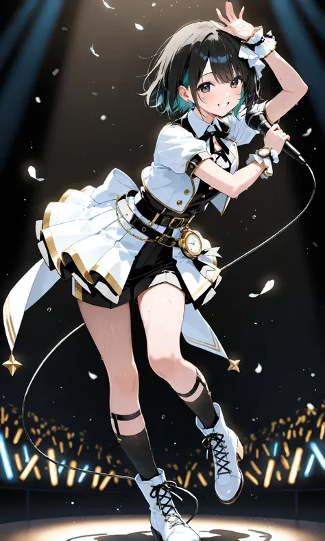  watches viewers，  high resolution，  girl，smile，sweat， eyes with highlights，black and white idol costume ，  black and white pleated skirt，   black shorts  ，Black Belt，  black knee-length socks ， white boots ，  dancing with a microphone