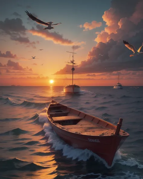 A majestic fishing boat returning to shore at sunset, surrounded by seagulls in flight, golden orange sky with vibrant clouds reflecting on calm ocean waves, ultra-realistic, cinematic lighting, dramatic and vibrant composition."photorealistic, dynamic sky...