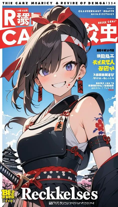 ( beautiful girl : 1.3), in the seat,(samurai,warrior, Japanese sword,headband,Chest guard, earrings), black hair, ponytail, Hair Over One Eye,red petal tattoo on cheek, Crazy Smile ,Reckless attitude,Evil face,Provocative attitude, with sharp eyes , Japan...