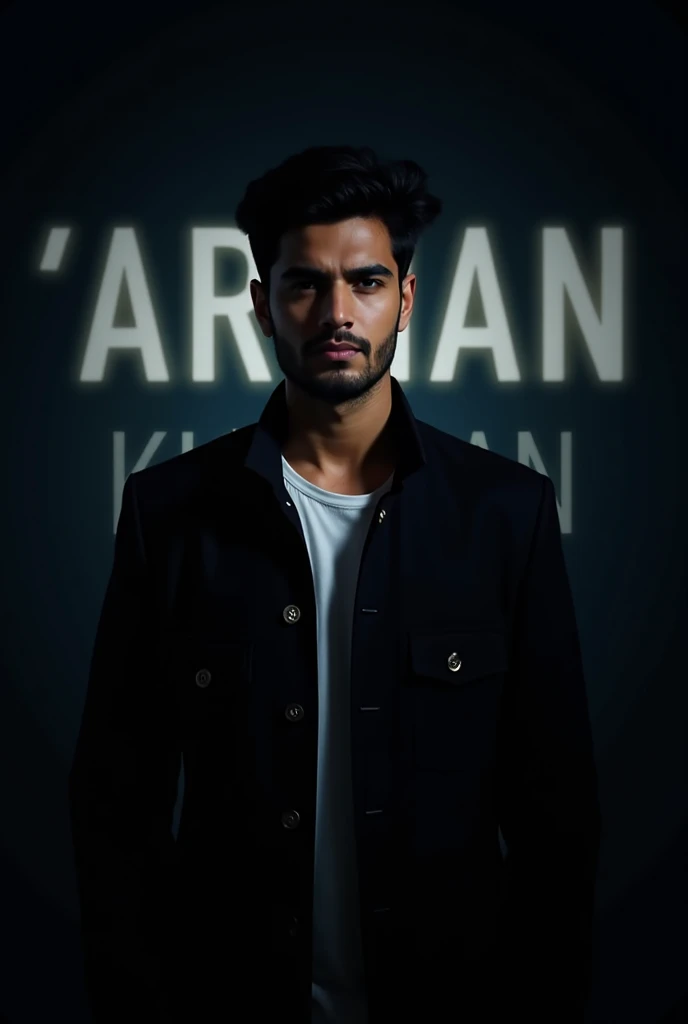 Create a highly realistic portrait of a 22-year-old Bangladeshi man named 'ARMAN KHAN, standing in a dark room. He is wearing a blackblazer and a white shirt.

The lighting should be dramatic, focusing on his handsome face with a light stubble, giving him ...