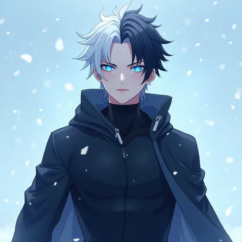 anime cute man 18-year-old, clean design, intricate details, (glowing blue eyes), short parted white/black hair, black iconic outfit, aggressive look, 8k resolution, full body, snowing background
