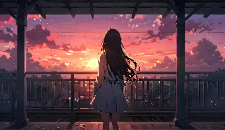 Highly detailed CG Unity 8k wallpaper), Background is candy,駅のホーム、伸びる影、Beautiful young woman in sunny weather, Complete back view, stand, full_body, dramatic, バックLight, Light, Volumetric Lighting, Simple Background
