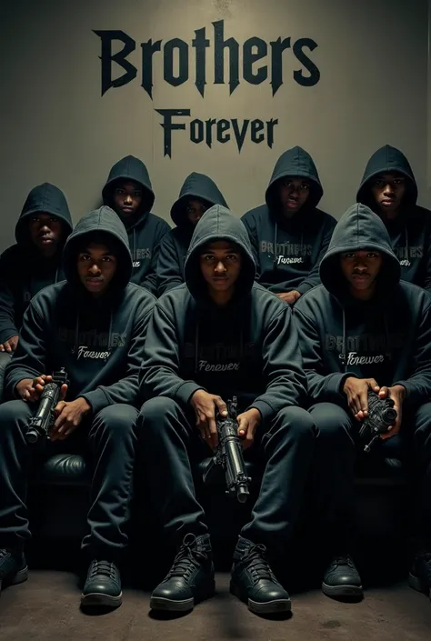 Gangster Ten boys hold Ak47 20 Year old wearing black Hoodies and jacket sit on Sofa together and  in front of their shirts write Brother's forever