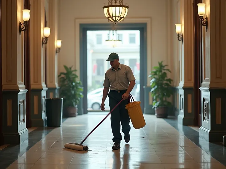 cleaning public areas in a multi-storey building realistic photo in Russia