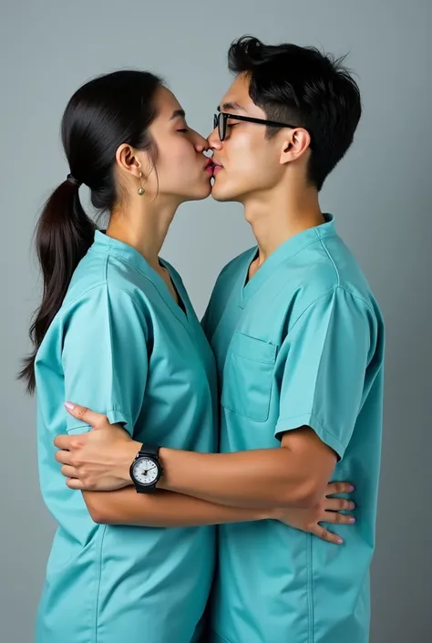   Full Body Image ,  oral sex , in , ชายหญิงTwo people, A handsome young surgeon , , short hair, wearing glasses ,  wearing a light blue wink surgical dress ,  attached to a digital wristwatch, and wearing light blue surgical pants . , lipstick kiss ,  . A...