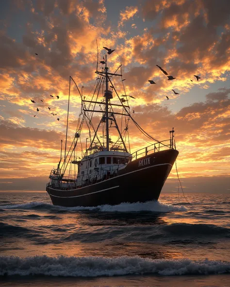 A majestic fishing boat returning to shore at sunset, surrounded by seagulls in flight, golden orange sky with vibrant clouds reflecting on calm ocean waves, ultra-realistic, cinematic lighting, dramatic and vibrant composition."photorealistic, dynamic sky...