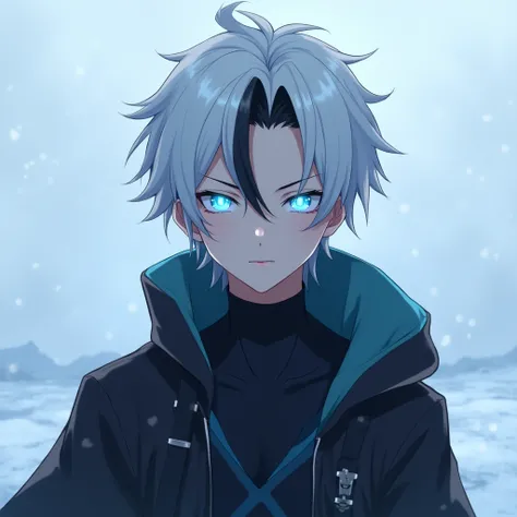 anime cute man 18-year-old, clean design, intricate details, (glowing blue eyes), short parted white/black hair, black iconic outfit, aggressive look, 8k resolution, full body, snowing background
