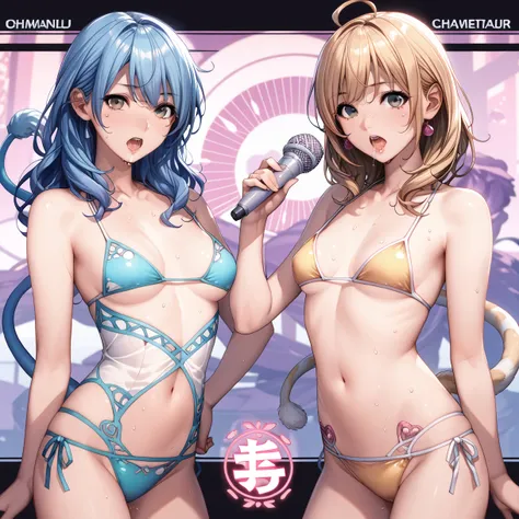 （ composition :1.7）.（  Utsuro Nome:1.3）,saliva、  open mouth (  Masterpiece:1.3),    dynamic poses （ twin tail hair :1.1）  shiny skin,  delicate depiction,The feel of wet skin  、  Bust up component  、   glitter micro bikini that allows for depth of field  、...