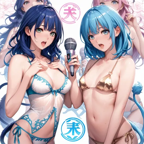 （ composition :1.7）.（  Utsuro Nome:1.3）,saliva、  open mouth (  Masterpiece:1.3),    dynamic poses （ twin tail hair :1.1）  shiny skin,  delicate depiction,The feel of wet skin  、  Bust up component  、   glitter micro bikini that allows for depth of field  、...