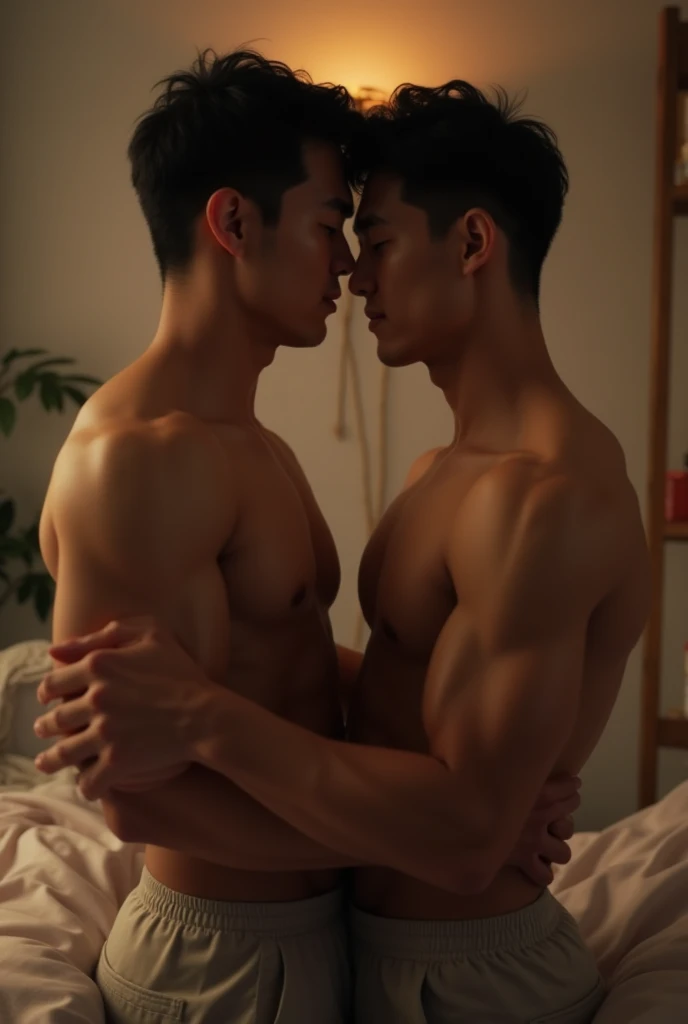 Two Asian male bodybuilders kissing while sleeping naked