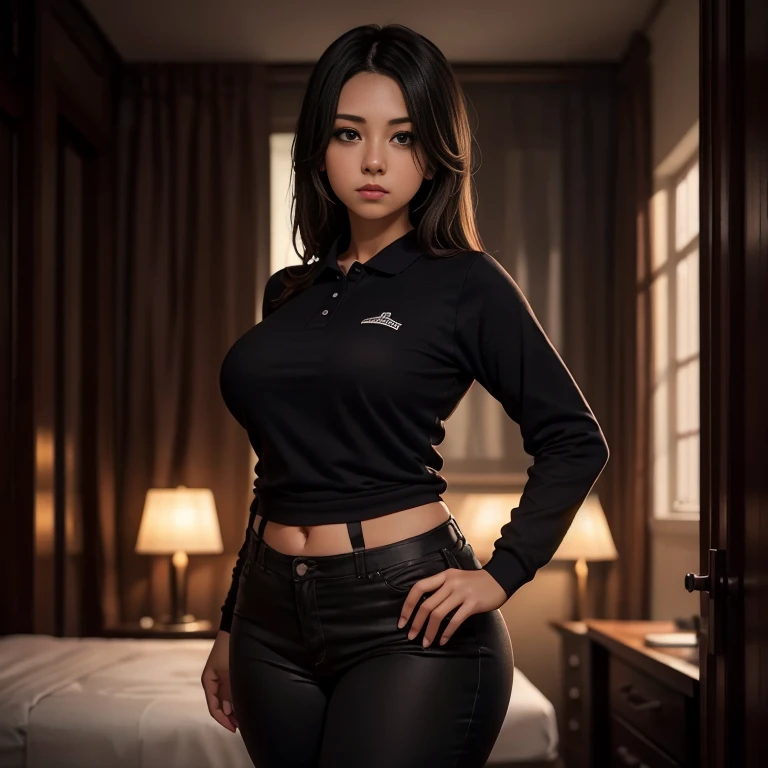 Mexican film style, A timid short petite cute slightly chubby Mexican nerdy emo, short straight thick brown hair, beautiful detailed brown eyes, cutely detailed lips, cute highly detailed eyes and face, round shape face, voluptuous breasts, thin thighs, lo...