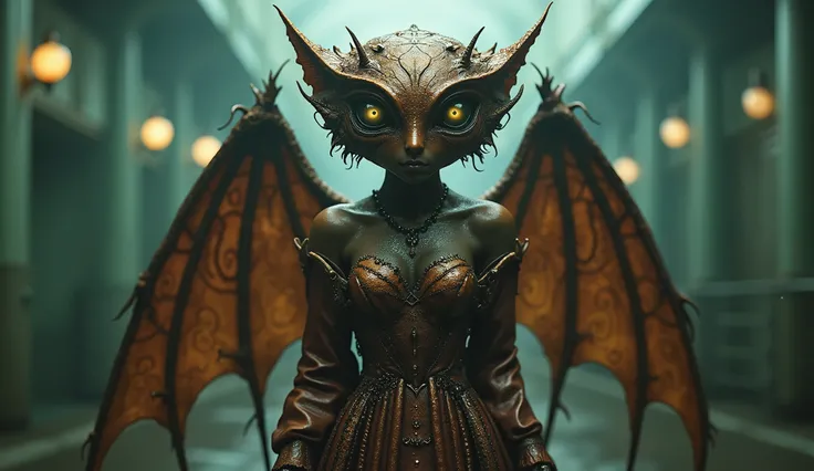 Deep copper goddess of world of Silent Hill,japan world,A charming and fascinating creature with other worldly forms that blend the best aspects of the monster human form and the innocent charm of a precocious , once pretty,perfect wings,old medieval wear,...