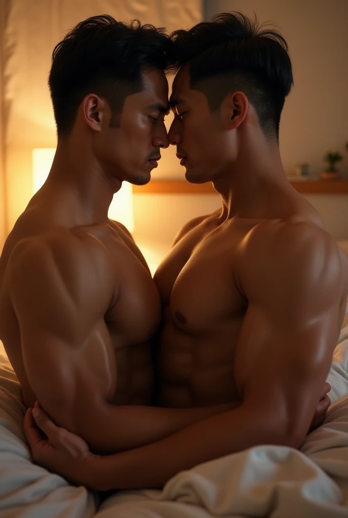 Two Asian male bodybuilders kissing while sleeping naked