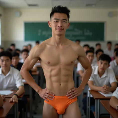 HQ of full frame photo, A handsome Thai male student, age 20, black modern short undercut hairs style, who exudes a (((tough, yet refined physique))), sporting (tiny, slim-fitting, sandstone orange brief underwear) that accentuate his (immaculate form). wi...