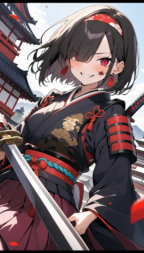 ( beautiful girl : 1.3), in the seat,(samurai,warrior, Japanese sword,headband,Chest guard, earrings), black hair, bob cut, Hair Over One Eye,red petal tattoo on cheek, Crazy Smile ,Reckless attitude,Evil face,Provocative attitude, with sharp eyes , Japane...