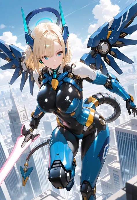 1girl ,gigant mecha musume,cyborg bunny girl,shiny body ,,expressionless,eyelashes,blue eyes,blonde hair,short hair,asymmetrical bangs,rabbit ears,large breasts,mechanical breasts,mechanical wings,mechanical halo,mechanical body,mechanical arms,mechanical ...