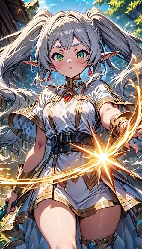 beautiful anime-style elf girl with silver twin-tailed hair and green eyes, casting a spell while holding a large staff with a glowing 丸い形のcrystal. She wears a white and gold-trimmed uniform with a black belt and red gemstone accessories. Her expression is...