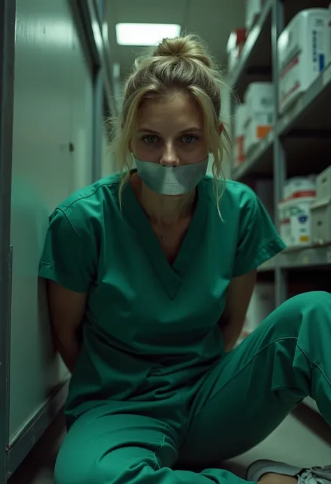 Close image of a woman her mouth taped by silver duct tape blonde hair tied in back wearing green nurse uniform hands hidden in her back sitting down on the ground with her head on the wall inside storage room in hospital