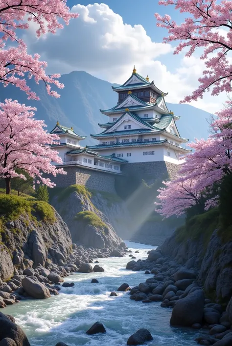 Japanese castle waterfall creek snow cherry blossoms dance