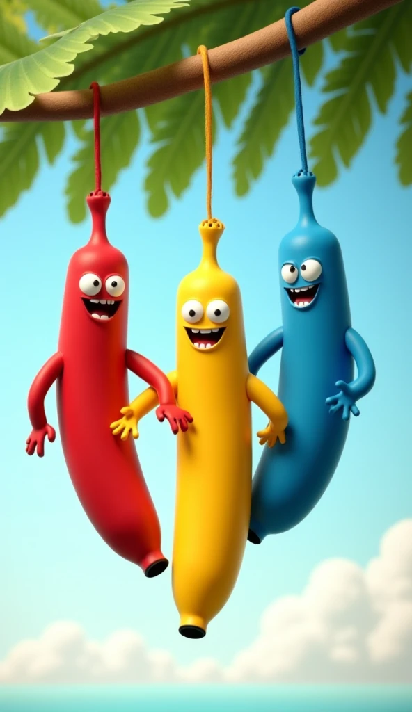 Three colourful bananas (red, yellow and blue) hanging from a tree branch with sky background.