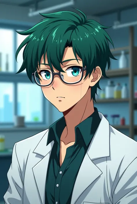 A realistic anime aesthetic image of young mature adult male with green hair, blue eyes and a wears glasses. he wears a lab coat and is in his science lab. serious expression