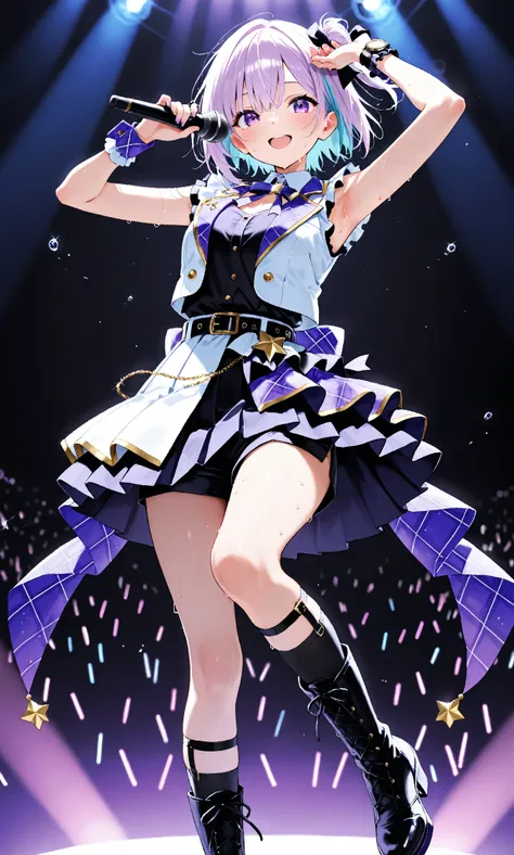  watches viewers，  high resolution，  girl，Rin々Funny face，sweat， eyes with highlights， black and purple idol costume ， black and purple pleated skirt ，   black shorts  ，Black Belt，  black knee-length socks ， black boots，  dancing with a microphone