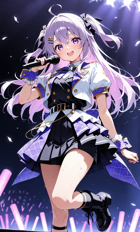  watches viewers，  high resolution，  girl，Rin々Funny face，sweat， eyes with highlights， black and purple idol costume ， black and purple pleated skirt ，   black shorts  ，Black Belt，  black knee-length socks ， black boots，  dancing with a microphone