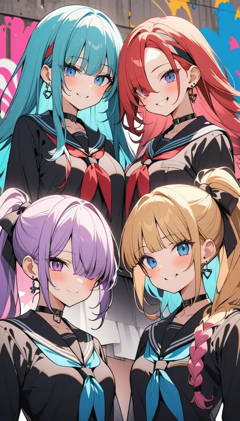 (Four beautiful girls : 1.3), girls ,( black sailor suit on the background, Long Sleeve, skirt,headband, earrings,belt,finger piercing gloves ,Lock, boots), blonde, black hair, Hair, Silver Hair, red hair ,Blue Hair,Green Hair,Pink hair,Purple Hair, ponyta...