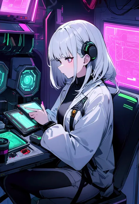 Research staff working at a brain science laboratory , girl, white hair.White, cyberpunk, large research facility with neon lights,Researching a dubious atmosphere 