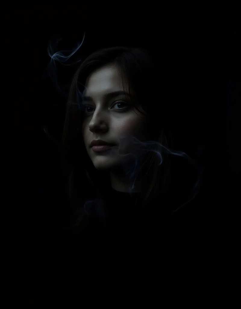 (Dark photo with poor shutter speed and aperture: 3), (Dramatic dark low-light portrait. Photo almost entirely taken up in darkness, very dark photo: 3), (A woman's face is partially hidden in a very dark shadow: 3). The face is surrounded by soft, almost ...