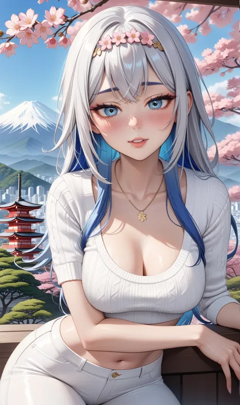 ((Cute pose)), ((Ultra detailing)), (very aesthetic, best quality, ultra detailed), intricate details, 1girl, silver hair, Blue inner hair  ,(Silver eyes),((Detailed eyes)), ((Beauotifull eyes)), ((prefect eyes)), sharp jawline, long hair, (mullet), Medium...