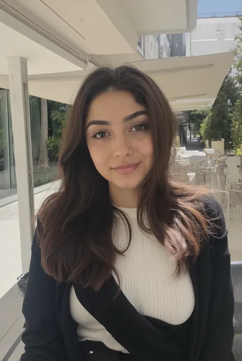 A highly realistic, mid-length professional portrait of a 24-25-year-old young Turkish woman, taken from a medium-long distance, capturing her from head to mid-thigh or lower leg. The image must be extremely natural and lifelike, ensuring that it does not ...