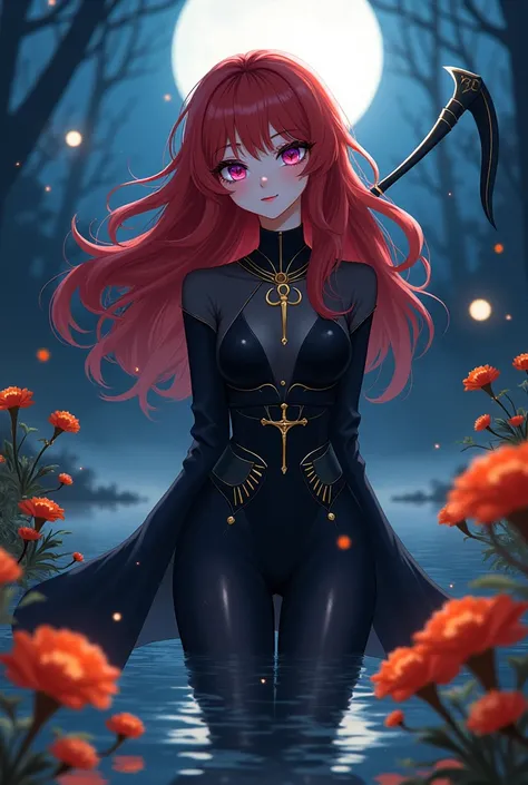 style**: detailed anime, atmospheric and mystical, WITH colores vibrantes y WITHtrastes dramáticos entre luces y sombras.  

**Main character**:  
- **rostro**: A red-haired girl with long, wavy hair, WITH mechones que brillan suavemente bajo la luz de la ...