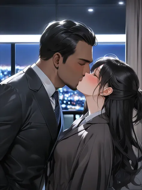 top quality, masterpiece,  high resolution, 8k, (1 girl), Alone, (((face shot))), profile, (((Kissing a man))),  black semi-long hair,  toro face,  night office, (((Man and woman in suit )))),  french kiss 