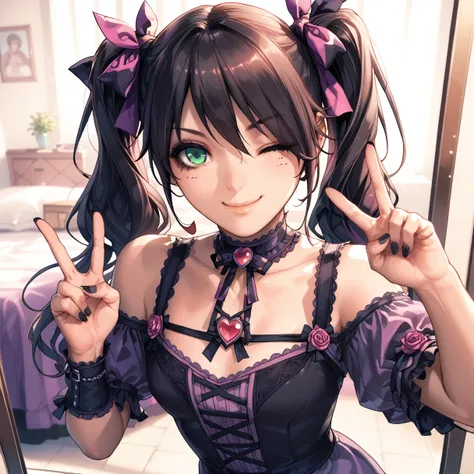 best masterpiece best quality Unity 8k,( twin tails), hair bow, black hair, very long hair, green eyes,(jiraikei ( Pink Gothic Ta :1.3)), Lace-up Boots ,((Lighting Front)),( selfie, peace sign、 closed one eye , throw, close, looking for viewers ), PERFECT ...