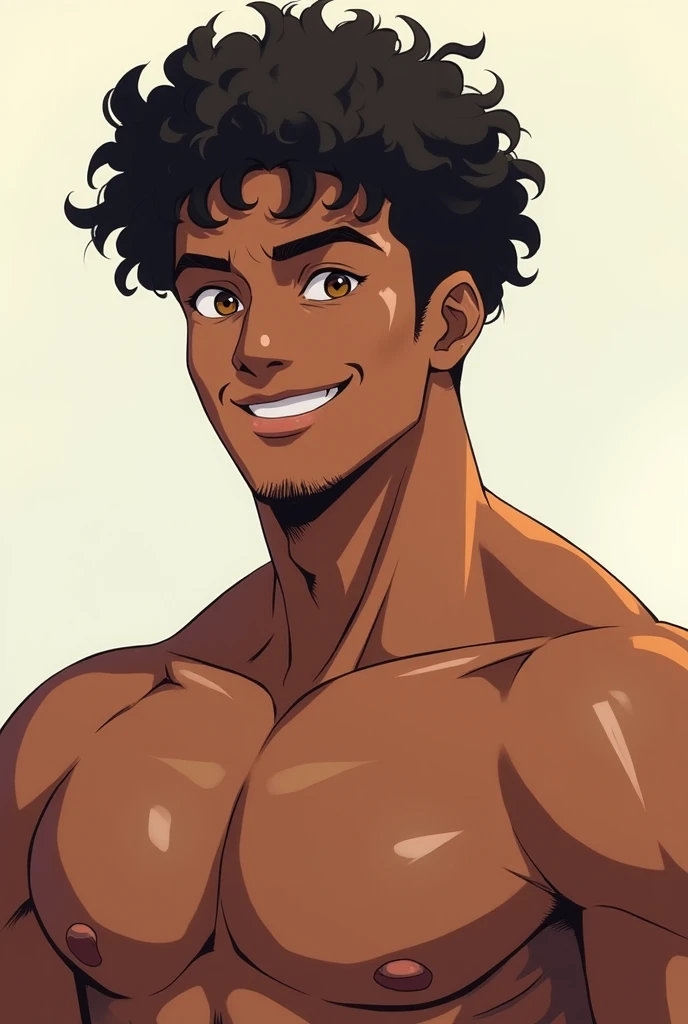  anime format,a 22 year old boy, negro, defined body,  Curly black hair, beautiful smile,  light brown eyes.