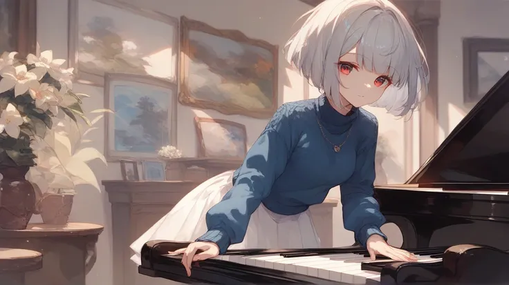 solo。 wolf girl。 Silver Hair。 red eyes。 bob cut。 blue sweater 。 white skirt 。 playing the piano 。Cafe