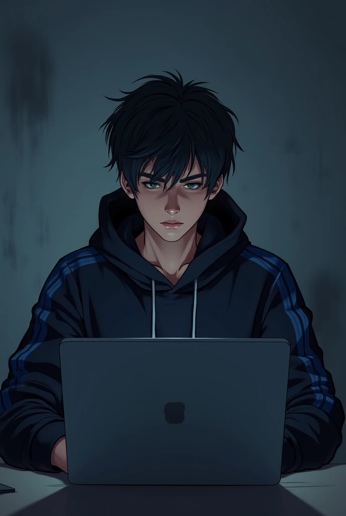 A 18 year old boy is sitting in front of a computer desk and a laptop. He is wearing a black and blue lined hoodie and has boxer cut hair black hair against a black themed background. He facing to us