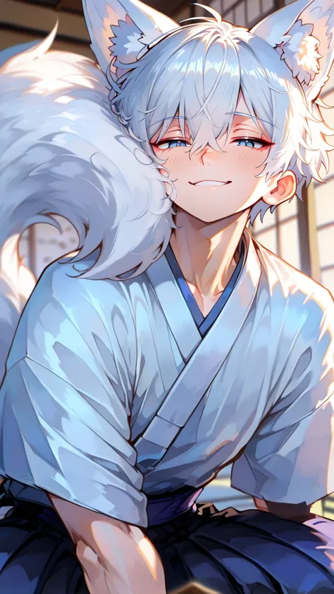 solo,  high resolution, 一人のmale, Masterpiece, accurate, 最高quality,  High Definition Model , 高quality, Blurred,  Action Painting, anime, Blue and white kimono, seductive smile, male,quality, 高quality,  face up, perfect face