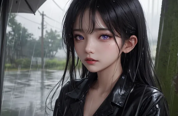 Black hair, violet eyes, female, raining, wet clothes, Masterpiece, High Resolution, Best Quality, Detail, HD, Long Hair, Bangs, Small Breasts, Simple, Portrait View, 