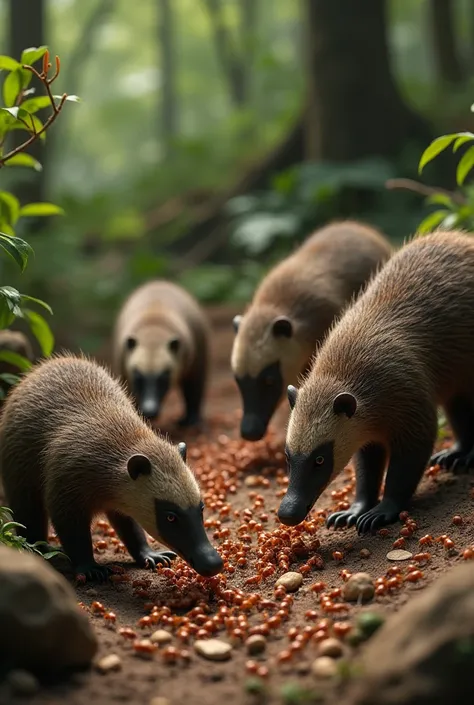 Anteaters are walking and eating ants